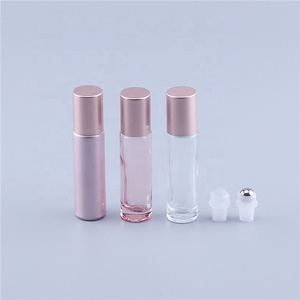 Essential Oil Use 10ml Pink Roll On Glass Roller Perfume Bottle With Glass or Stainless Steel Roller Ball And Rose Gold Cap