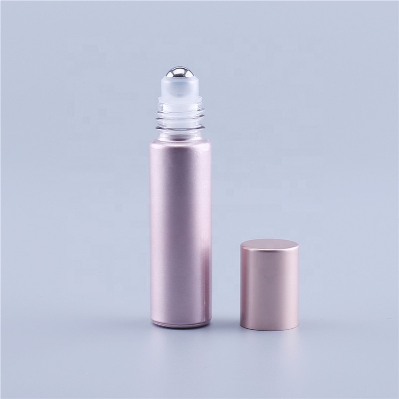 Essential Oil Use 10ml Pink Roll On Glass Roller Perfume Bottle With Glass or Stainless Steel Roller Ball And Rose Gold Cap