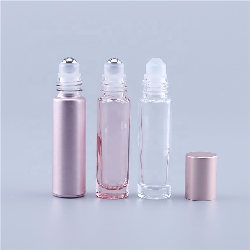 Essential Oil Use 10ml Pink Roll On Glass Roller Perfume Bottle With Glass or Stainless Steel Roller Ball And Rose Gold Cap