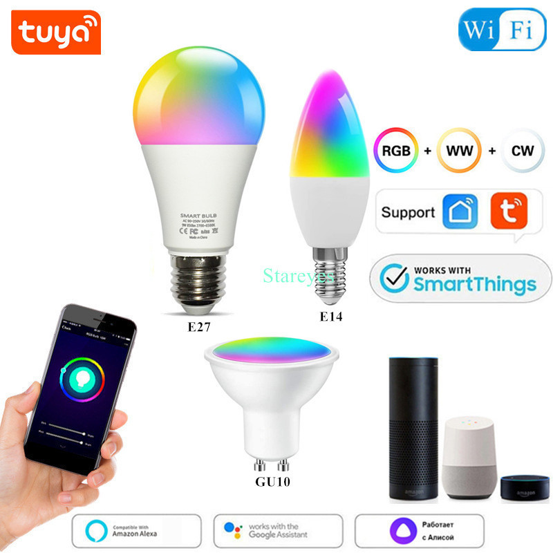 100 Pcs Tuya Smart WiFi Zigbee RGBCCT E27 9W LED Bulb E14 5W LED Candle light GU10 5W LED Spot light lamp Alexa Home Siri Alice