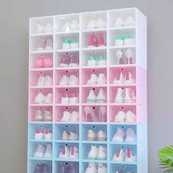 Wholesale Cheap Clear Plastic Transparent Sneaker Flip Open Drop Front Folding Colorful Stackable Organizer Shoe Boxes Storage