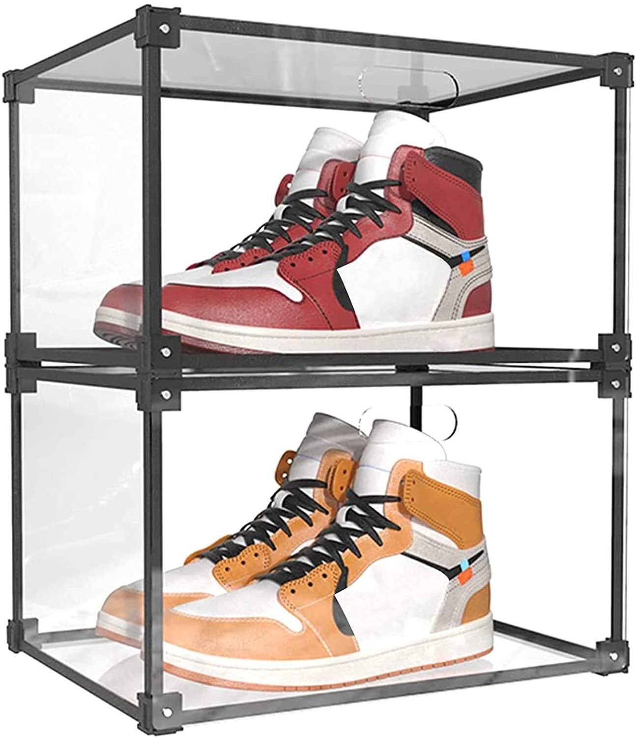 Fashion Acrylic Plastic Magnetic Side Open Stackable Folding Clear Display Shoe Storage Box For Organizer Basketball Sports Shoe