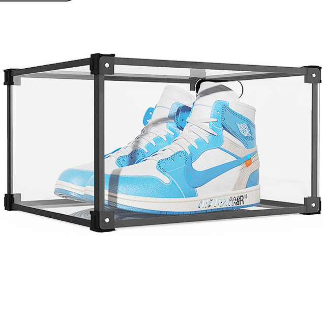 Fashion Acrylic Plastic Magnetic Side Open Stackable Folding Clear Display Shoe Storage Box For Organizer Basketball Sports Shoe