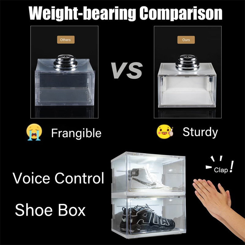 Led Voice-Activated Transparent Side Open Stackable Shoes Storage Box Light Up Shoe Box With Led Light