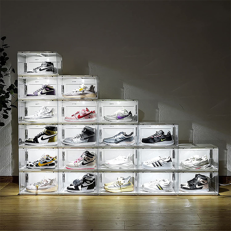 Led Voice-Activated Transparent Side Open Stackable Shoes Storage Box Light Up Shoe Box With Led Light