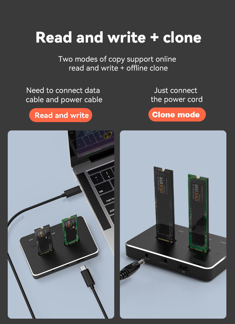 High Quality Offline Clone SATA & NVME SSD Docking Station USB3.1 Type C M.2 SATA & NVME external SSD In Stock