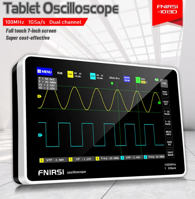 FNIRSI 1013D 7 Inch Digital Tablet Oscilloscope Dual Channel 100M Bandwidth 1GS Sampling Rate Portable Mini Tablet Oscilloscope