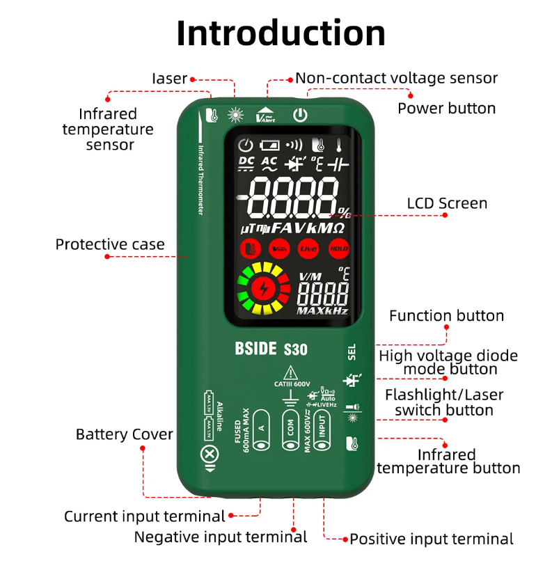 Factory Price S30 Smart Digital Multimeter 15V Diode AC DC Voltage Current Rechargeable Professional Electronic Tester