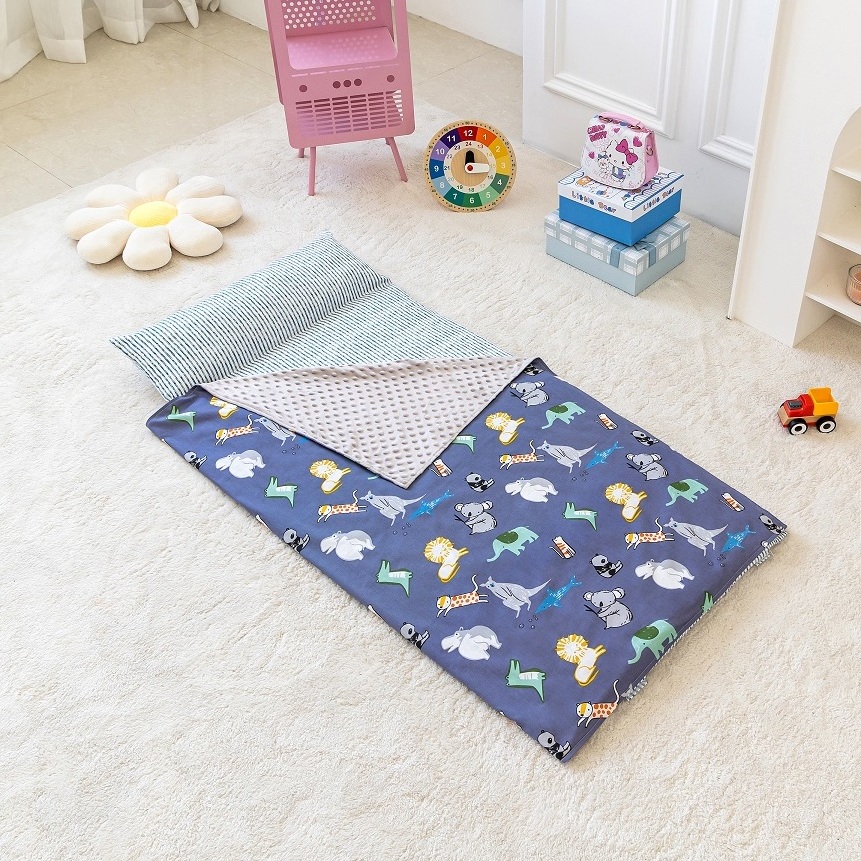 customized hot sell cartoon cotton kindergarten blanket toddler sleeping bag nap mat with removable pillow for kids