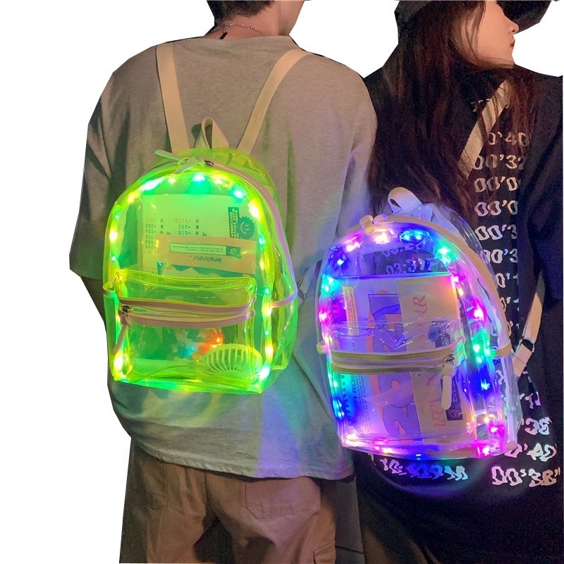 School Bags Waterproof Unisex Summer Transparent PVC Clear Backpack Led light Backpack