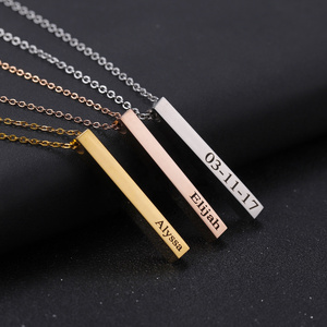 Trendy Custom Name Alphanumeric Bar Pendant Stainless Steel 18k Gold Plated Rose Gold Chain Necklace for Women