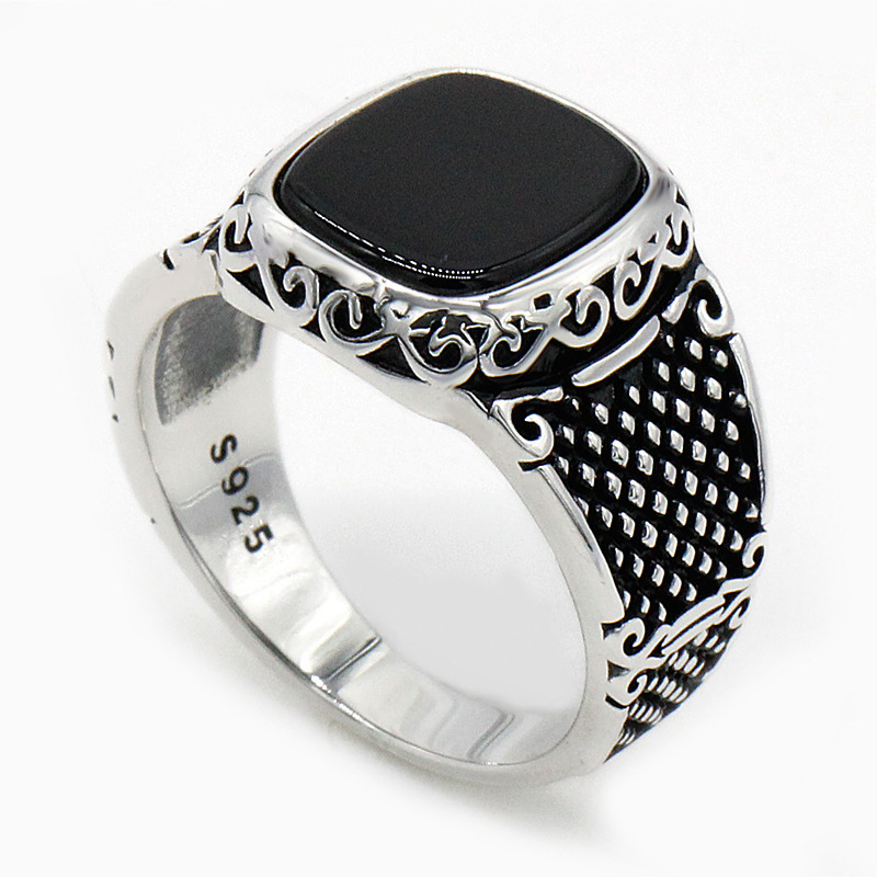 Custom Religious Jewelry Gemstone Men's Ring 925 Silver Vintage Thai Silver Onyx Ring For Man