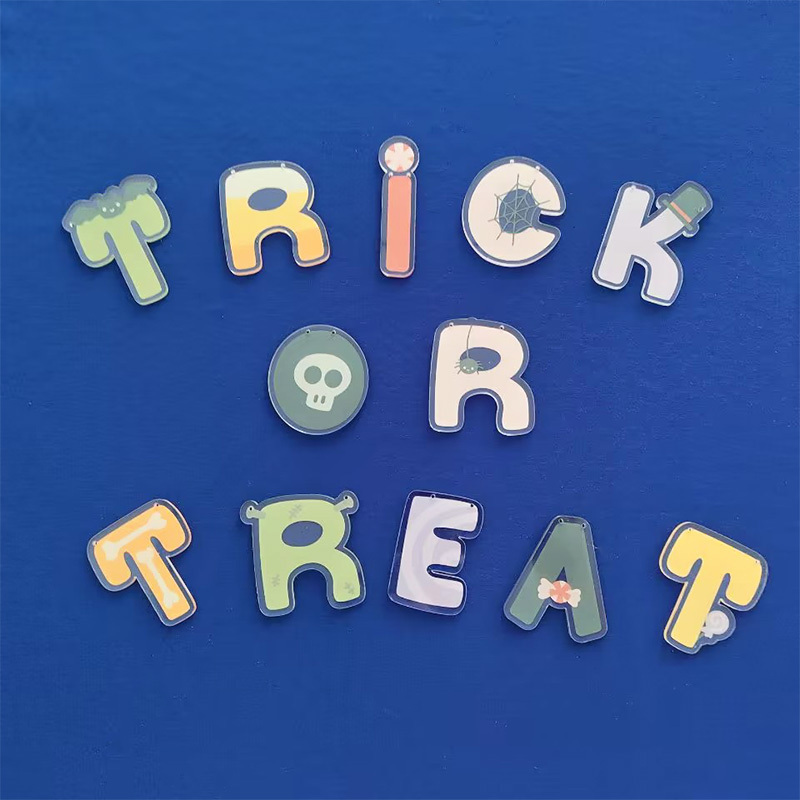 Laser Cutting Acrylic Letter Hanging Halloween Ornament Trick or Treat Halloween Hanging Decorations with Full Color Printing