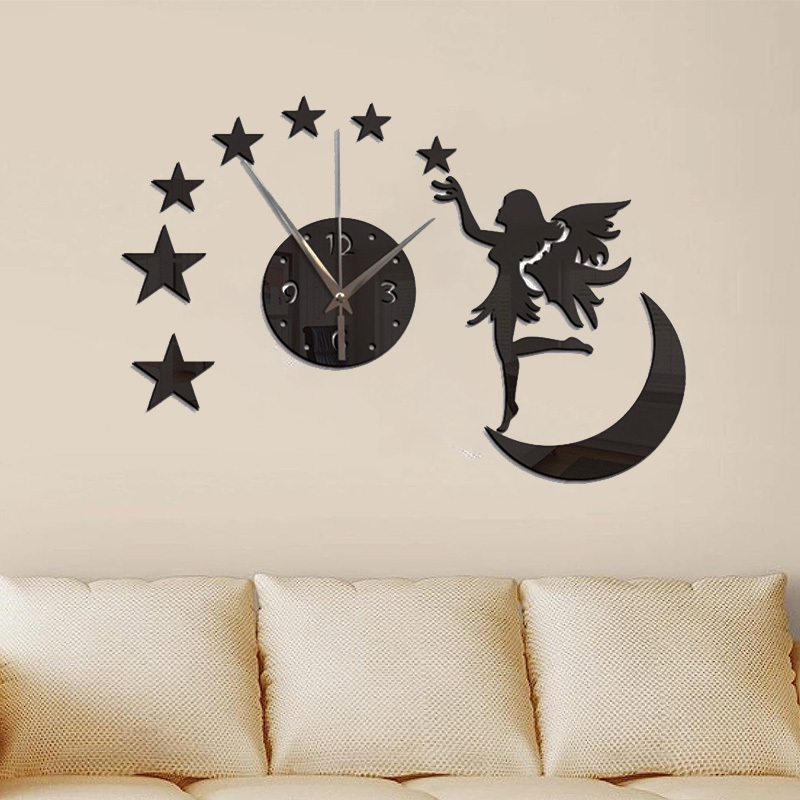 Mirror Acrylic 3D Wall Sticker Modern Wall Art Frameless Clocks Angel Moon Stars Acrylic DIY Mirror Wall Clock