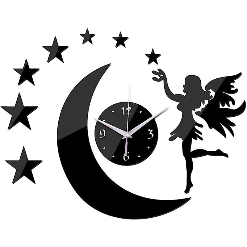 Mirror Acrylic 3D Wall Sticker Modern Wall Art Frameless Clocks Angel Moon Stars Acrylic DIY Mirror Wall Clock