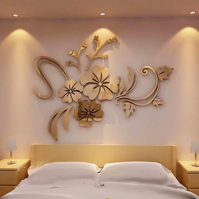 Flower 3D Acrylic Wall Stickers Acrylic Bed Room Mirror Wall Sticker Gold Mirror Wall Sticker for Interior Decoration