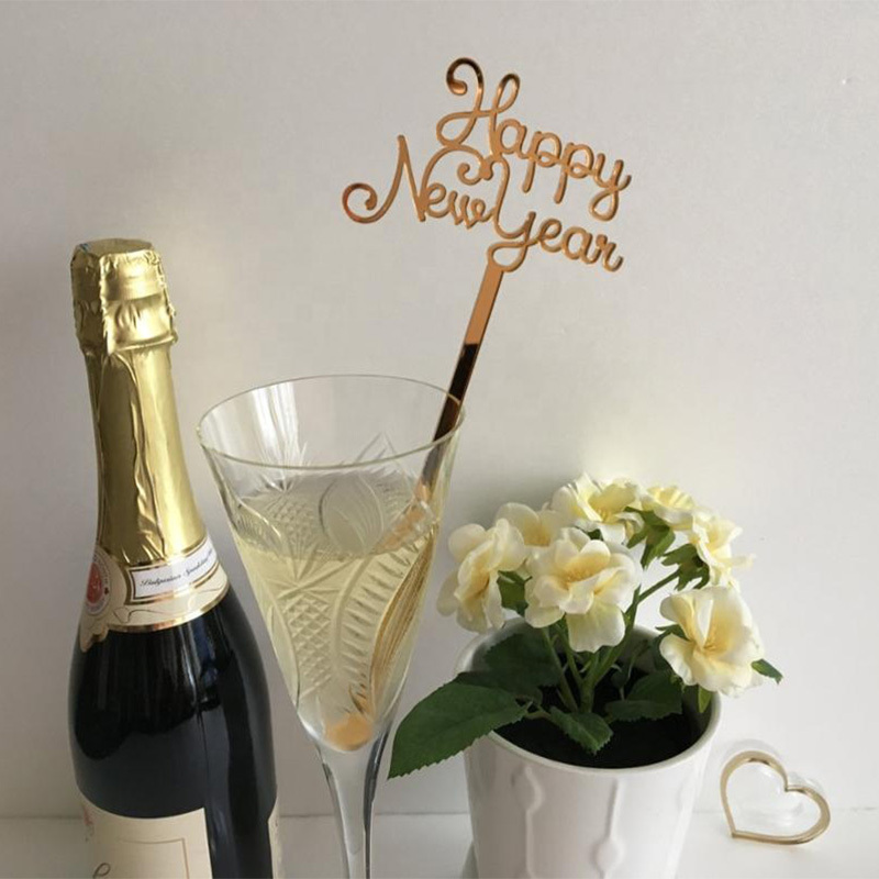 Mirror Gold Merry Christmas Drink Stirrers Acrylic Happy New Year Swizzle Sticks Acrylic Mirror Gold Cocktail Stir Stick