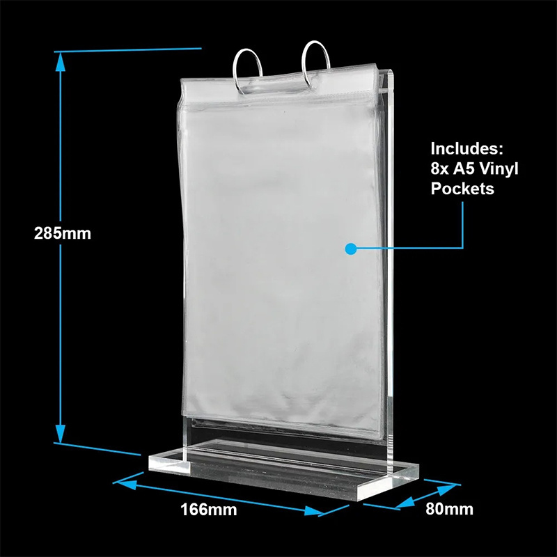 T Shape Clear Acrylic Menu Holder Flipover Menu Sign Holder with Metal Rings Postcard Display Metal Ring Flip Menu Holder