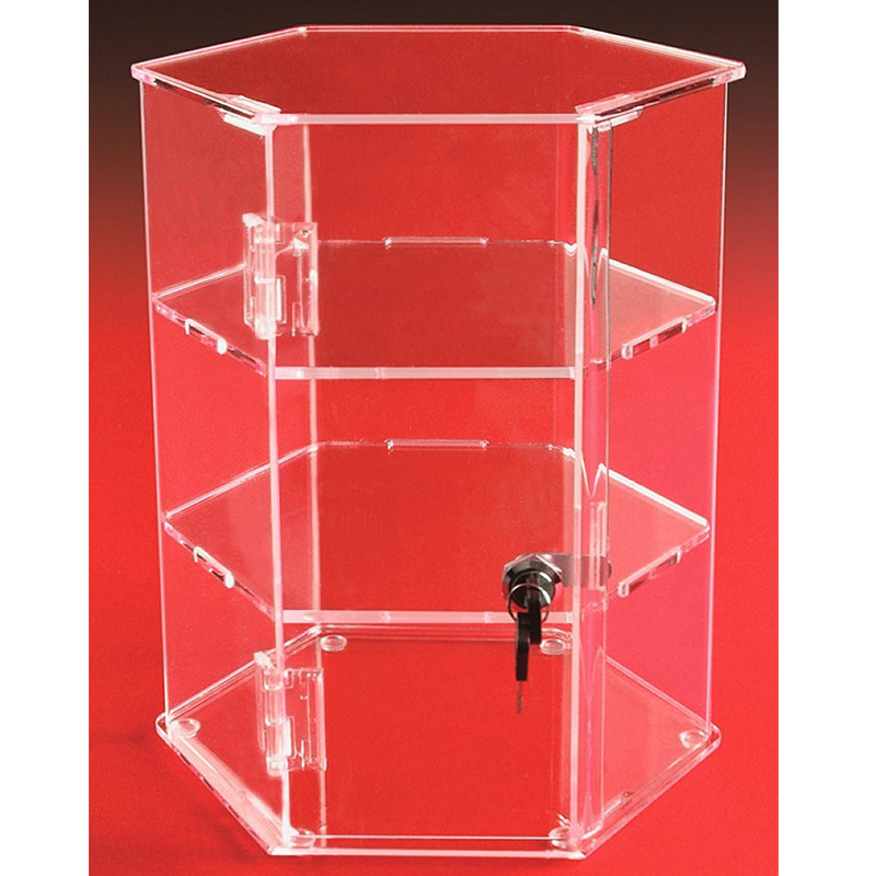 Hexagonal Display Cabinet Locking Clear Acrylic Hexagon Locking Security Case Clear Hexagon Countertop Showcase with Two Keys