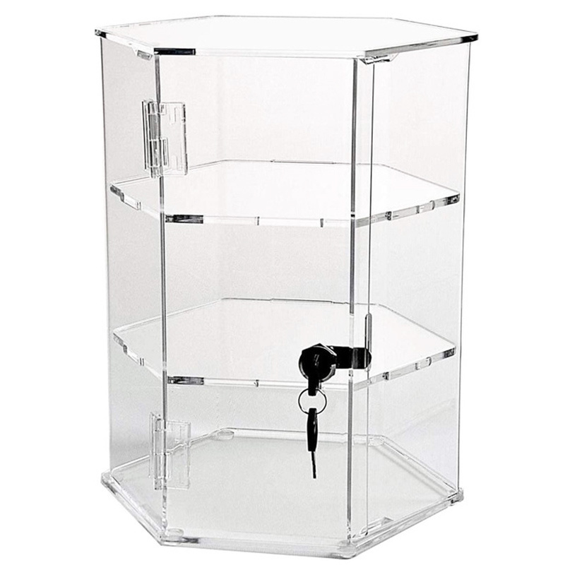 Hexagonal Display Cabinet Locking Clear Acrylic Hexagon Locking Security Case Clear Hexagon Countertop Showcase with Two Keys