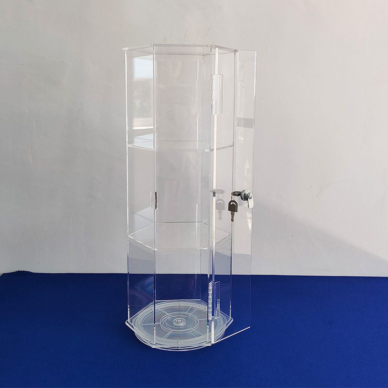 Hexagonal Display Cabinet Locking Clear Acrylic Hexagon Locking Security Case Clear Hexagon Countertop Showcase with Two Keys