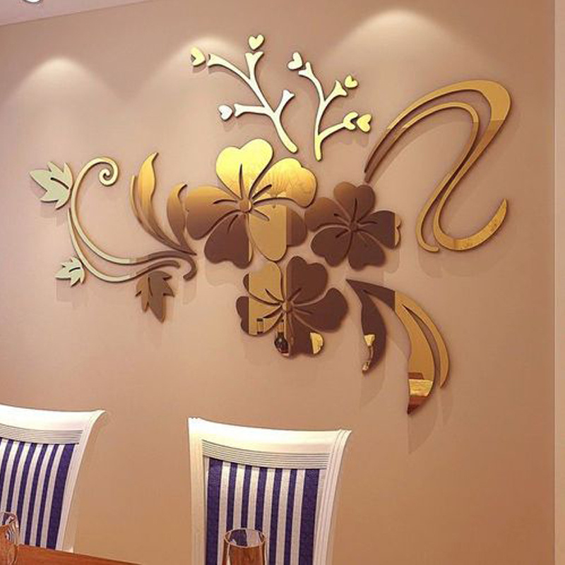 Flower 3D Acrylic Wall Stickers Acrylic Bed Room Mirror Wall Sticker Gold Mirror Wall Sticker for Interior Decoration