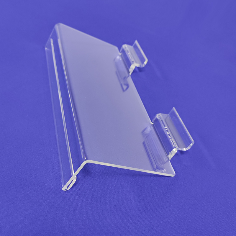 High Quality Clear Acrylic Slat Wall Shoe Display Shelf Acrylic Slatwall Shelf with Sign Tag