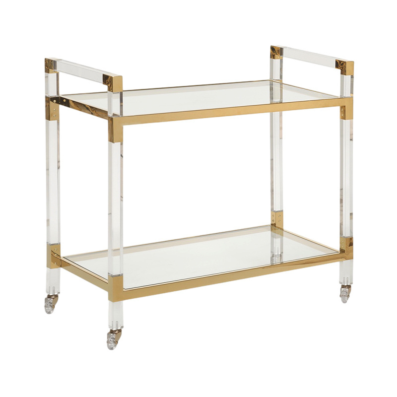 Factory Wholesale Clear Acrylic Bar Cart with Glass Tabletop and Stainless Steel Connector Lucite Trolley for Bar Hotel