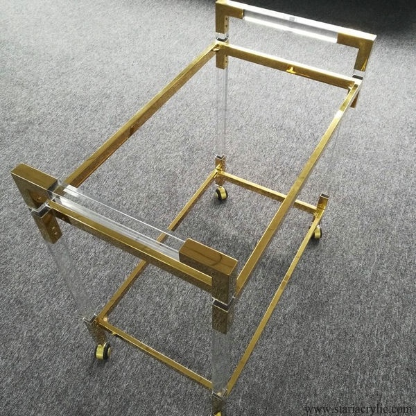 Factory Wholesale Clear Acrylic Bar Cart with Glass Tabletop and Stainless Steel Connector Lucite Trolley for Bar Hotel