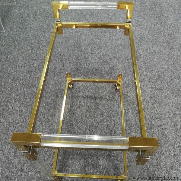 Factory Wholesale Clear Acrylic Bar Cart with Glass Tabletop and Stainless Steel Connector Lucite Trolley for Bar Hotel