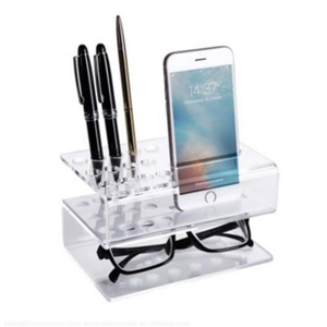 Z Shaped Acrylic Pen Stand with Phone Holder Lucite Pen Rack with Eyeglass Stand Pen Pencil Makeup Brush Holder