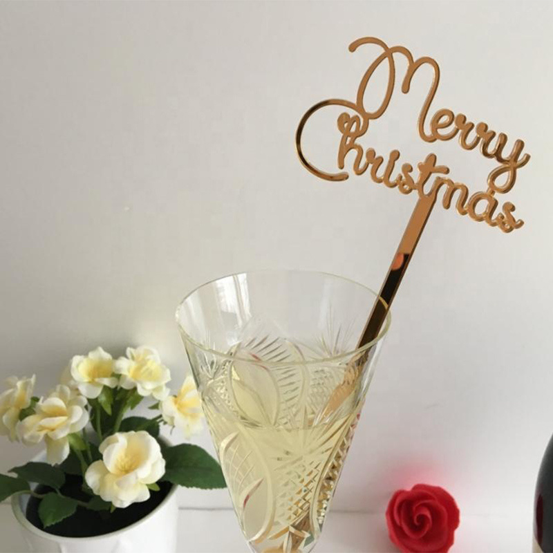 Mirror Gold Merry Christmas Drink Stirrers Acrylic Happy New Year Swizzle Sticks Acrylic Mirror Gold Cocktail Stir Stick