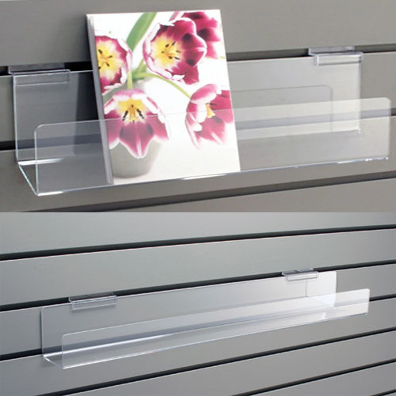 Clear Acrylic Slatwall Shelves Bookshelf for Slatwall Floating J Shelf with Lip Plastic Storage Display Shelf