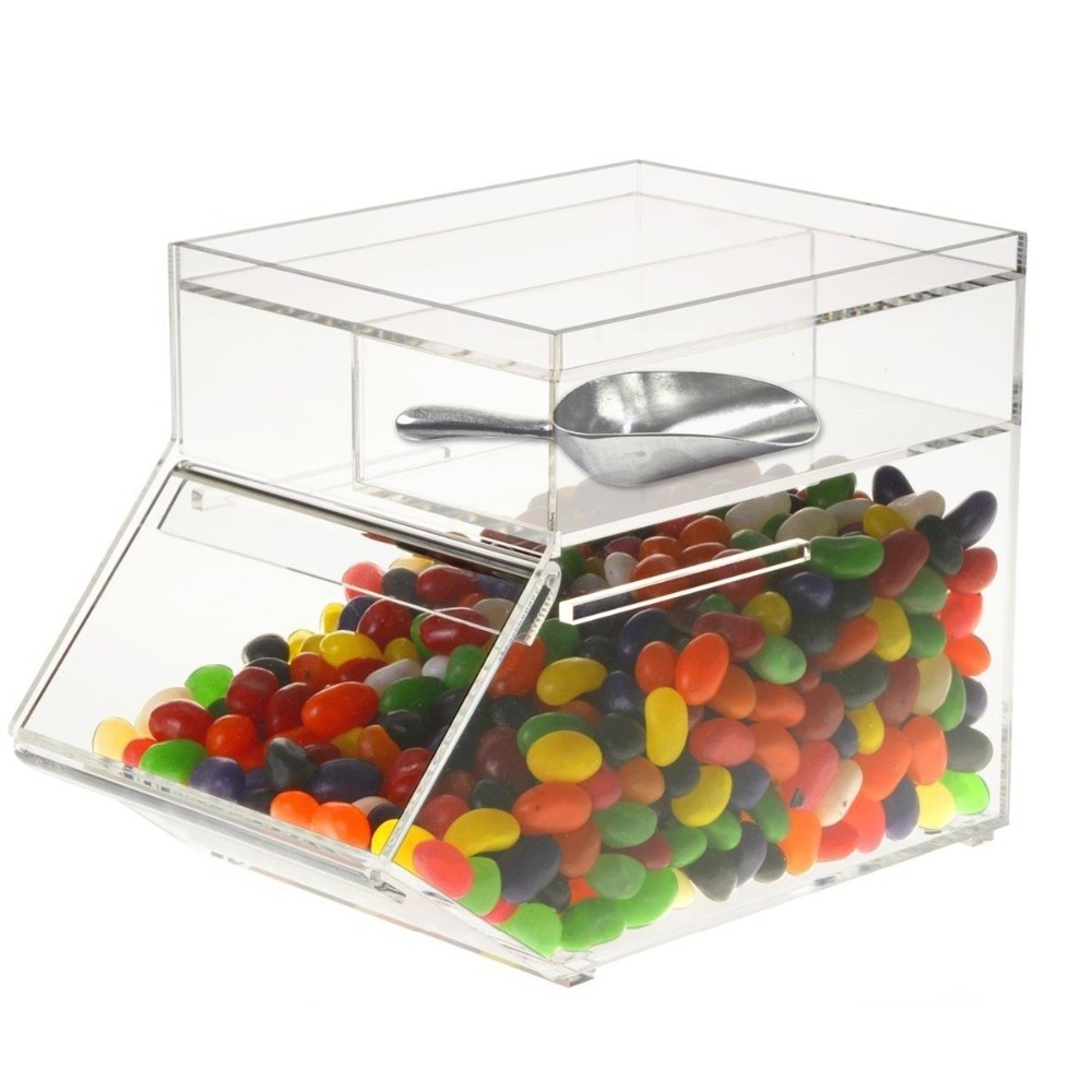 Clear Acrylic Candy Dispenser Candy Container Box, Stackable Acrylic Bulk Food Bin Bulk Candy Container with Scoop Holder