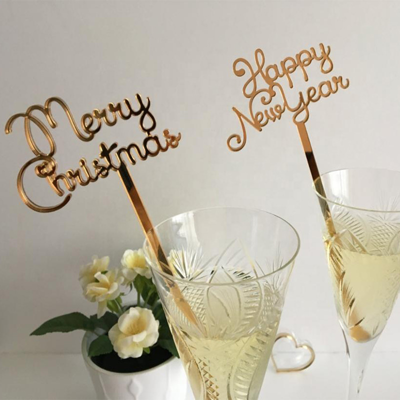 Mirror Gold Merry Christmas Drink Stirrers Acrylic Happy New Year Swizzle Sticks Acrylic Mirror Gold Cocktail Stir Stick