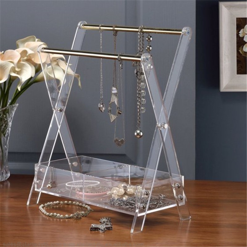 Modern Acrylic Necklace Display X Shaped Acrylic Bracelet Display Lucite Jewelry Storage Organizer with Ring Tray