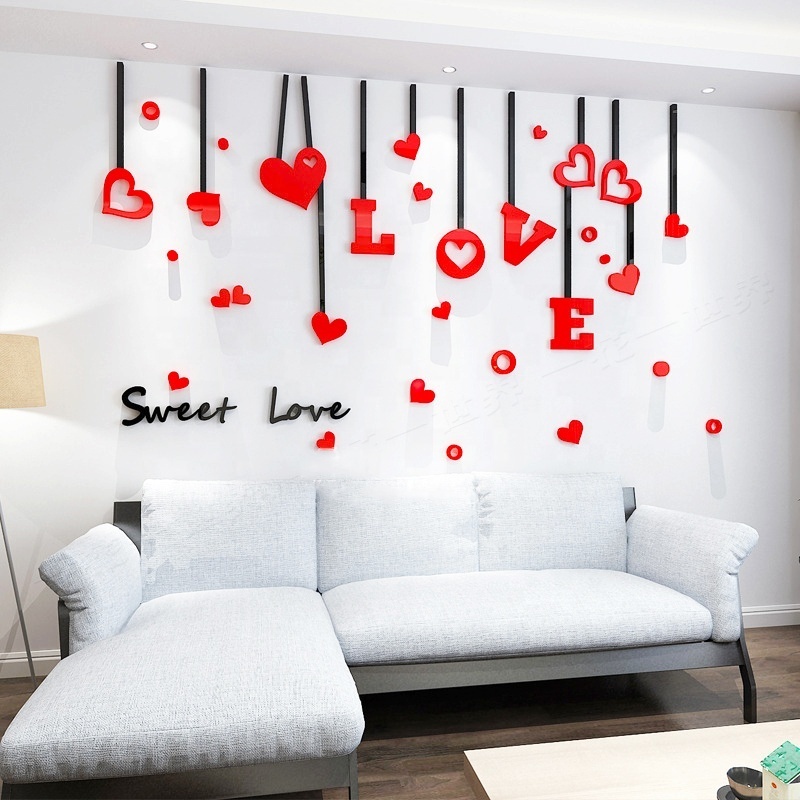 Romantic Love 3D Acrylic Wall Stickers Modern Custom Heart Shaped Acrylic Wall Decor Living Room Wall Sticker