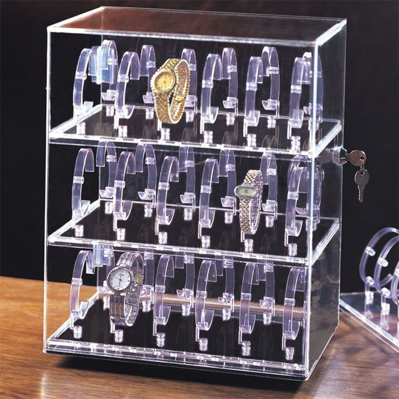 Countertop Clear Acrylic Revolving Watch Display Case Rotating Lockable Lucite Watch Display Cabinet Case For 36 Watches