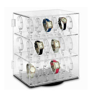 Countertop Clear Acrylic Revolving Watch Display Case Rotating Lockable Lucite Watch Display Cabinet Case For 36 Watches