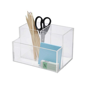 3 Grid Acrylic Pen Holder and Sticky Notes Holder Makeup Brush Holder Pen Cup with 3 Slots Pencil Cup Desk Stationery Organizer