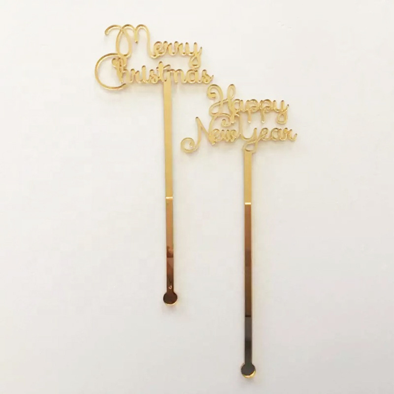 Mirror Gold Merry Christmas Drink Stirrers Acrylic Happy New Year Swizzle Sticks Acrylic Mirror Gold Cocktail Stir Stick