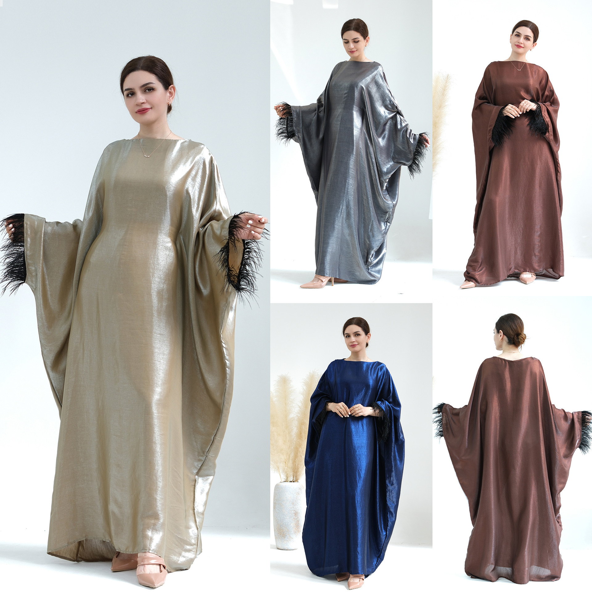 Turkey Dubai Abaya Modest Dress Sparkling Loose Fitting Kaftan Party Bat Sleeved Muslim Dress With Feathers