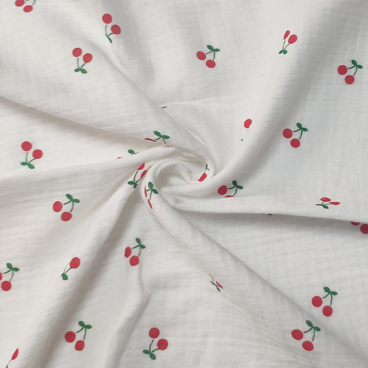 Custom 100% Cotton Pleated Cherry Print Double Gauze Muslin Fabric For Baby Blankets And Sleepwear Garments