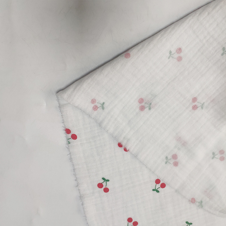 Custom 100% Cotton Pleated Cherry Print Double Gauze Muslin Fabric For Baby Blankets And Sleepwear Garments