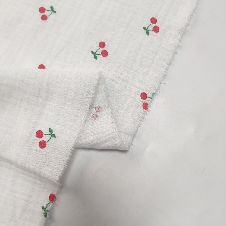 Custom 100% Cotton Pleated Cherry Print Double Gauze Muslin Fabric For Baby Blankets And Sleepwear Garments