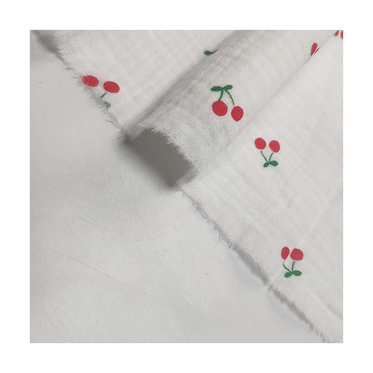 Custom 100% Cotton Pleated Cherry Print Double Gauze Muslin Fabric For Baby Blankets And Sleepwear Garments