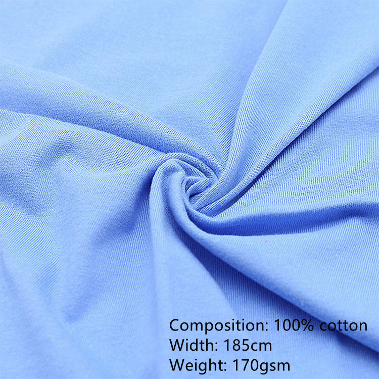 High quality cotton plain weave 170g knitted cotton single jersey fabric homewear cotton t-shirt fabric