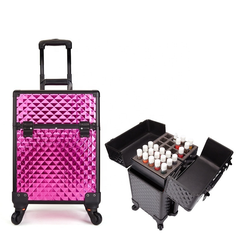 2024 new design professional aluminum rolling trolley cosmetics makeup case