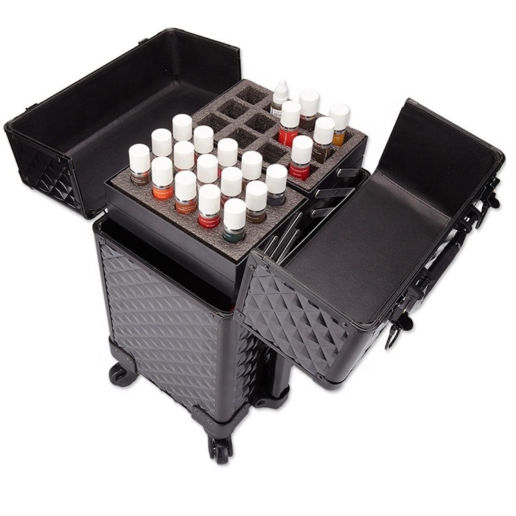 2024 new design professional aluminum rolling trolley cosmetics makeup case