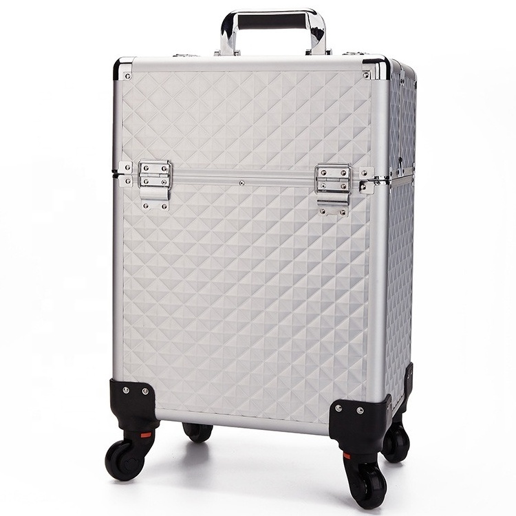 2024 new design professional aluminum rolling trolley cosmetics makeup case